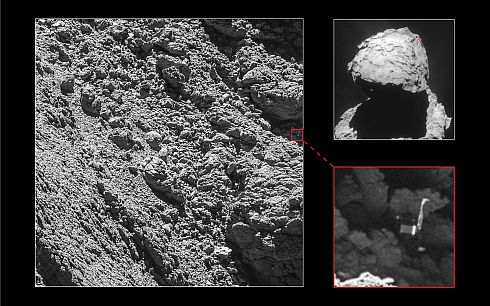 Kurz vor dem Aufschlag der Raumsonde Rosetta auf dem Kometen funkte sie noch Bilder, auf denen der verunglückte Lander Philae zu sehen ist. Foto: ESA